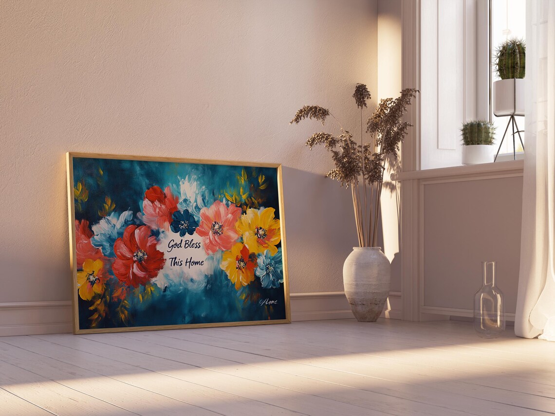 God Bless This Home Red Blossom Deep Teal Floral Quote Poster - Image 2