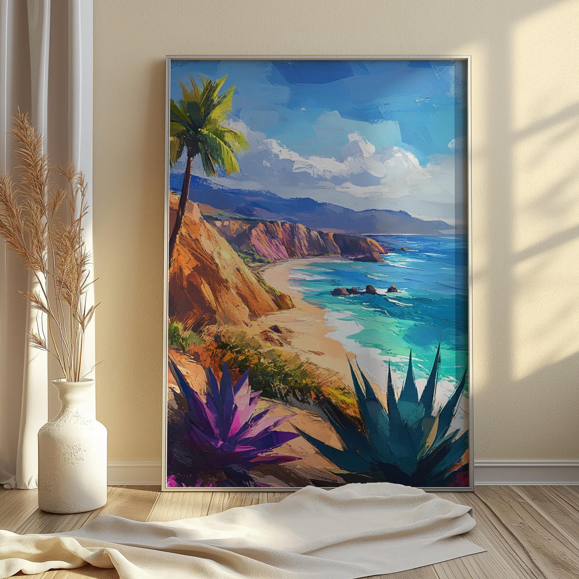Coastal Cliffs Palm Trees Agave Turquoise Sea Ocean Art Print - Image 4