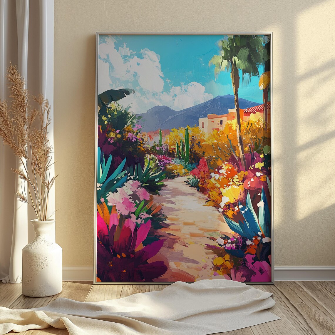 Tropical Hacienda Garden Path Palm Trees Agave Pink Blooms Mountain View Poster - Image 4
