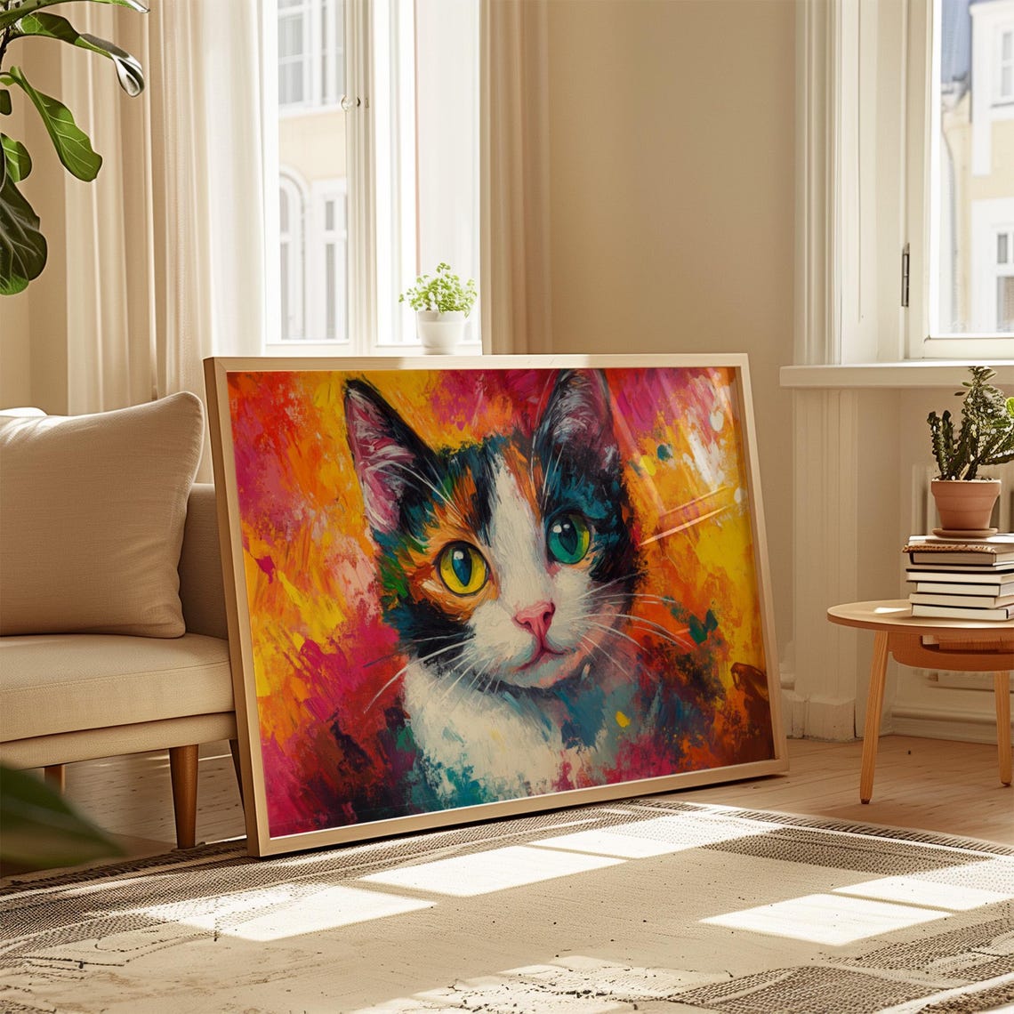 Calico Cat Portrait Fiery Red Orange Abstract Background Poster - Image 4