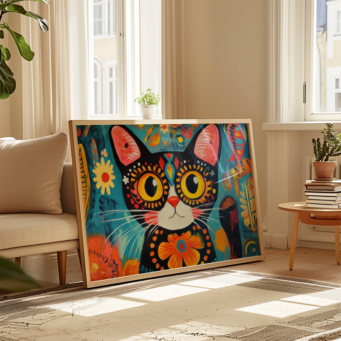 Black Cat Big Yellow Eyes Floral Decorations Blue Orange Folk Art Poster - Image 4