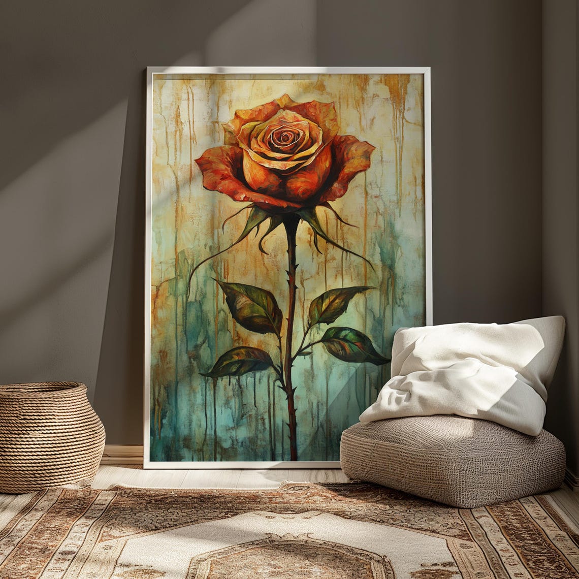 Rust Orange Rose Distressed Teal Beige Vintage Floral Poster - Image 3