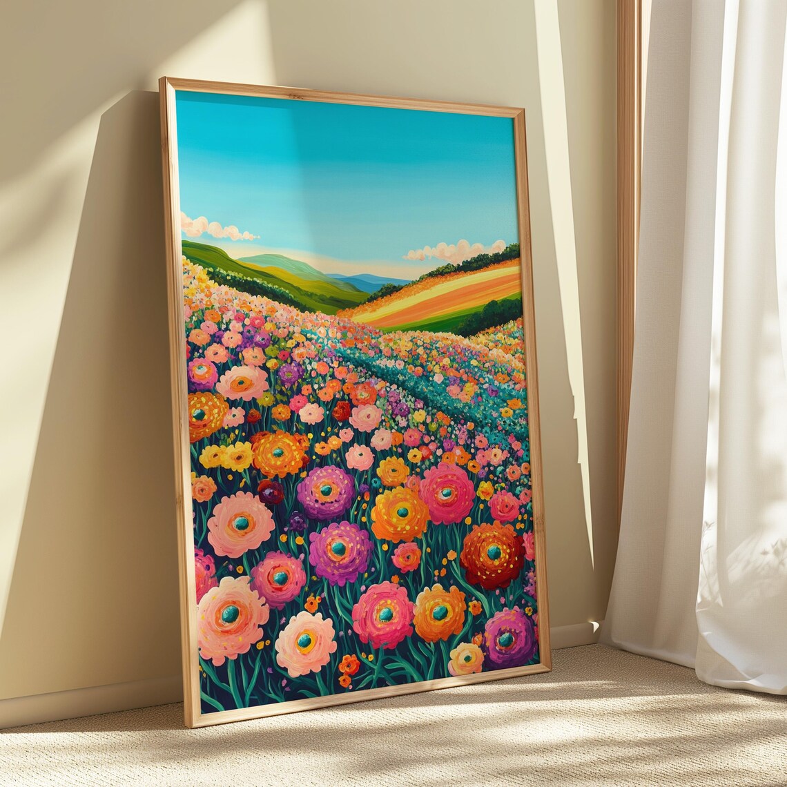 Cosmos Flower Field Rolling Green Hills Folk Art Floral Landscape Poster - Image 5