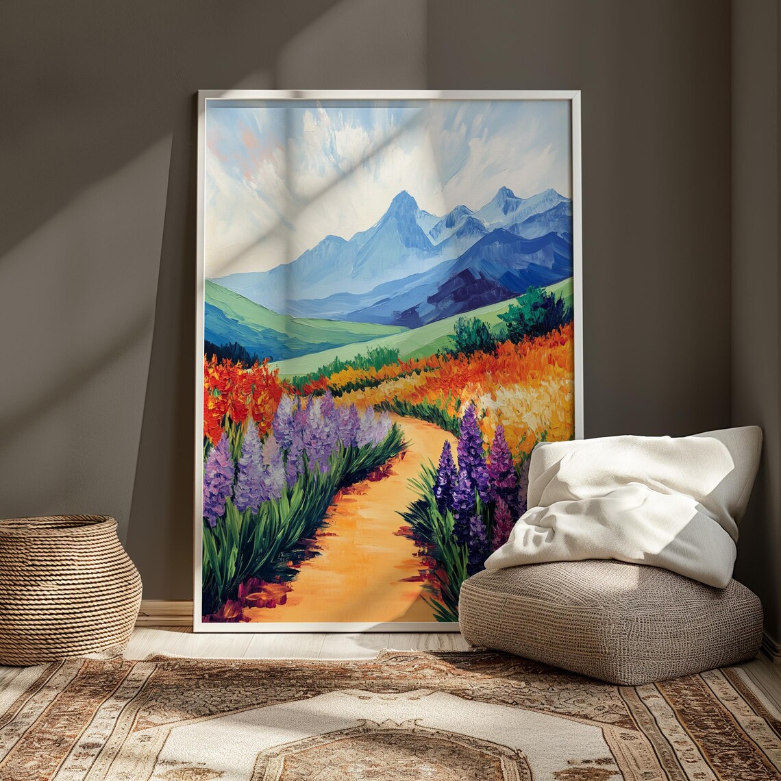 Winding Path Purple Lupines Orange Blooms Green Hills Blue Mountains Landscape Poster - Image 3