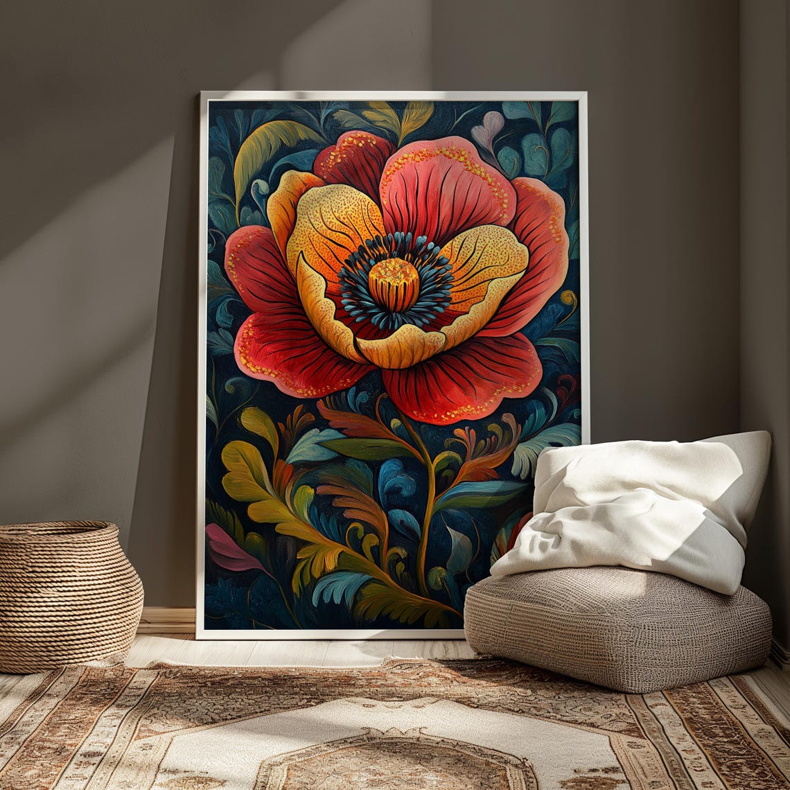 Bold Red Poppy Bloom Navy Botanical Dramatic Mexican Floral Art Poster - Image 3