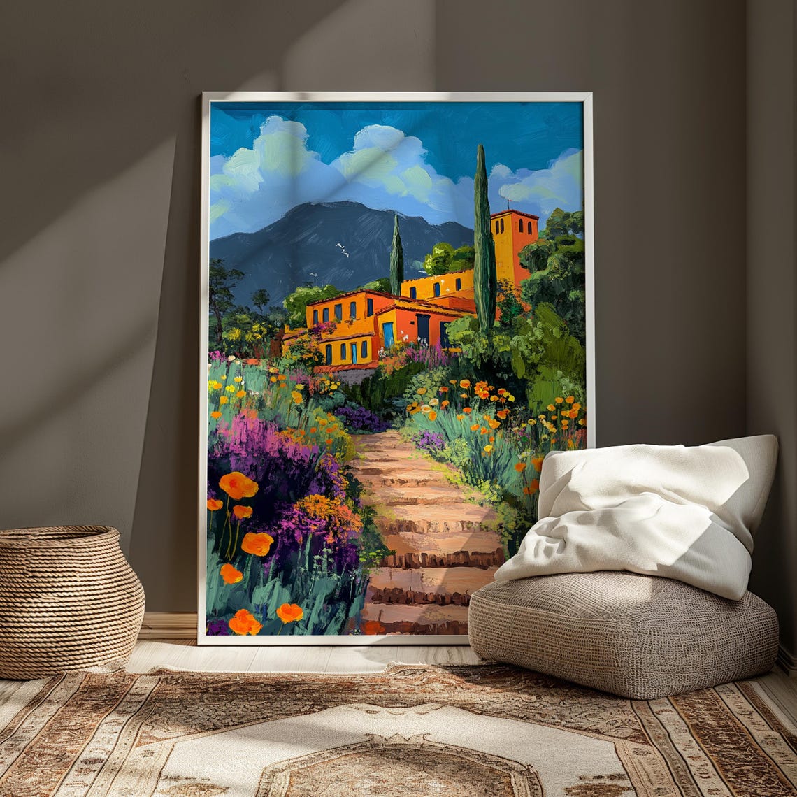 Orange Hacienda Bell Tower Cypress Trees Flower Steps Art Print - Image 4