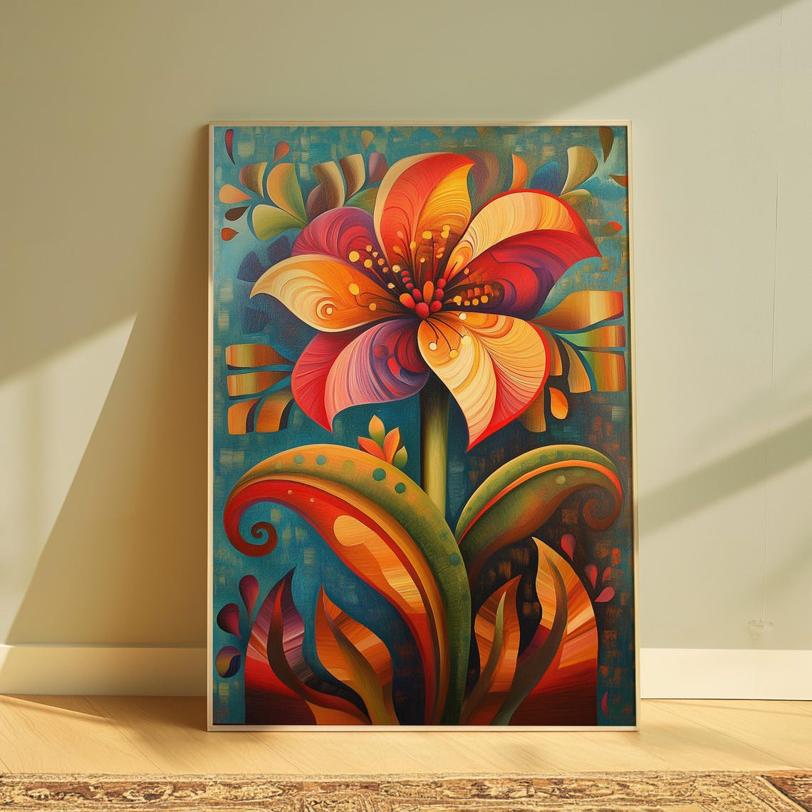 Red Gold Fantasy Bloom Turquoise Background Whimsical Floral Poster
