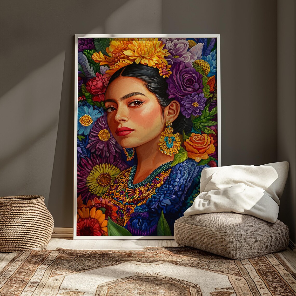 Vibrant Mexican Folk Portrait Woman Blue Dress Gold Jewelry Floral Poster - Image 3