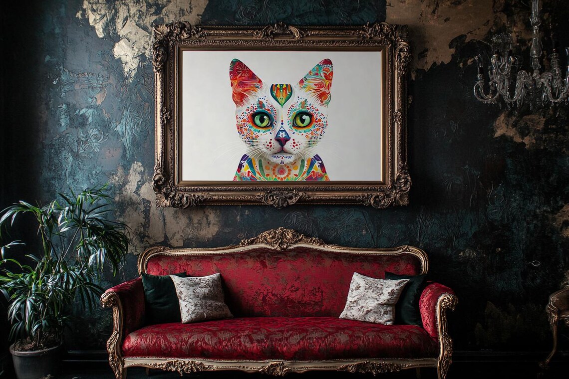 Dazzling Intricate Floral Sugar Skull Cat Portrait Green Eyes Poster
