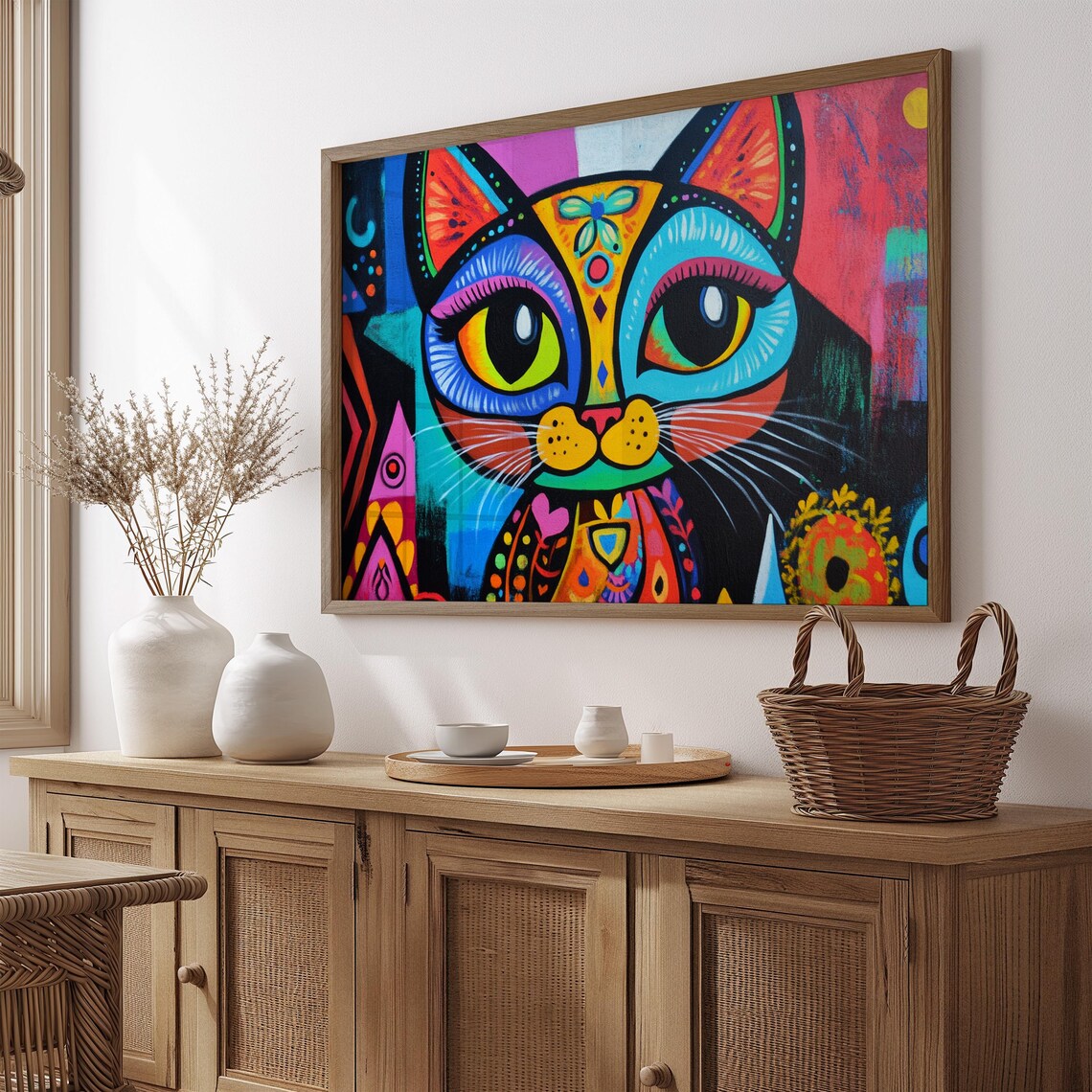 Neon Pop Art Cat Face Electric Colors Bold Abstract Feline Portrait Poster