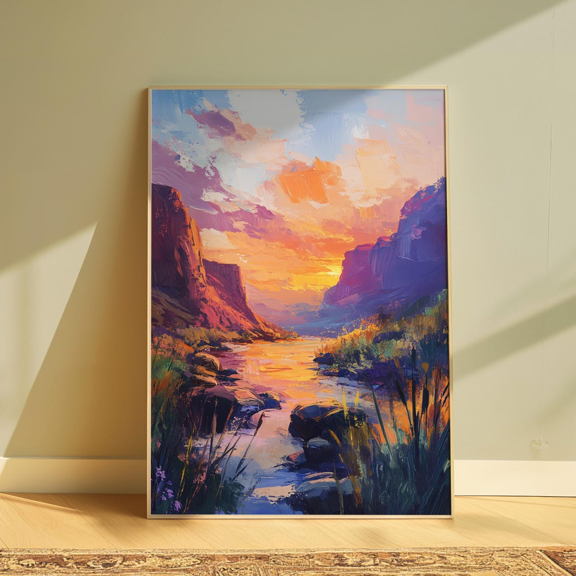 Desert Canyon River Sunset Red Rock Cliffs Colorful Art Print