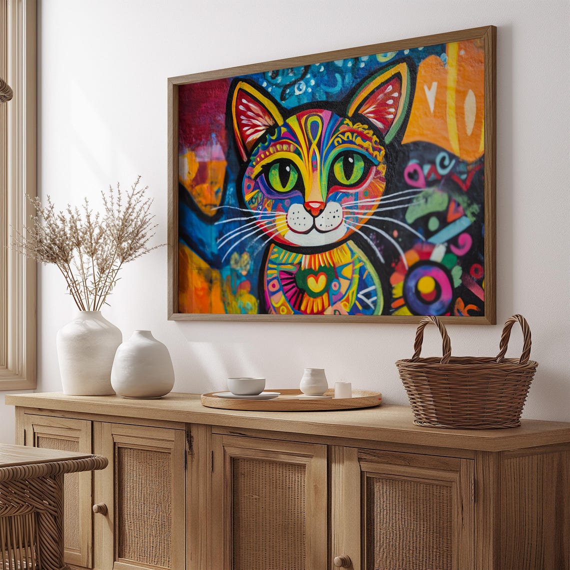 Rainbow Boho Cat Mandala Patterns Green Eyes Colorful Happy Cat Poster