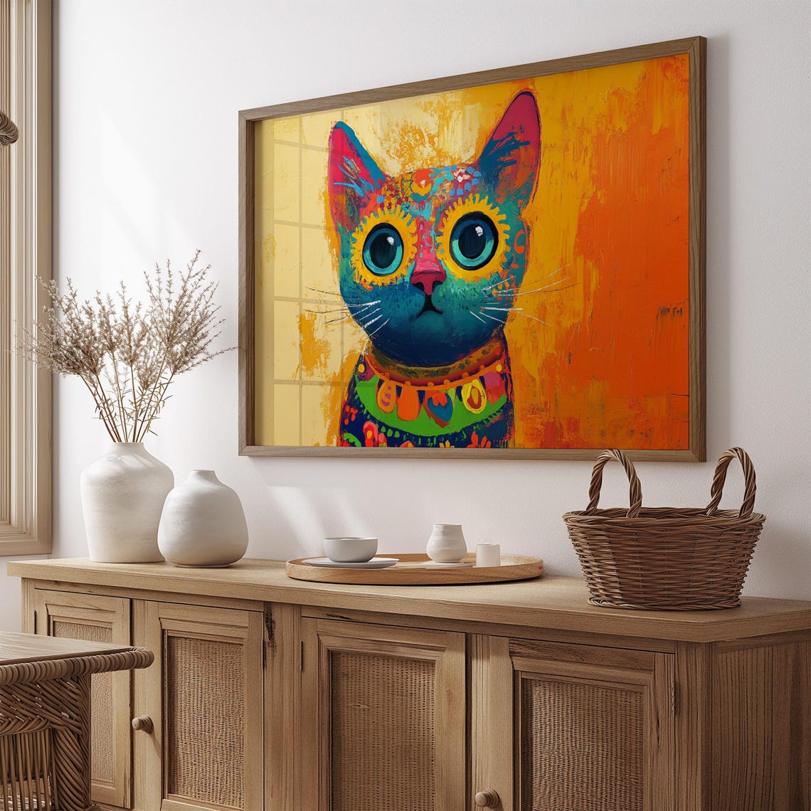 Blue Folk Art Cat With Floral Patterns Bright Orange Background Poster