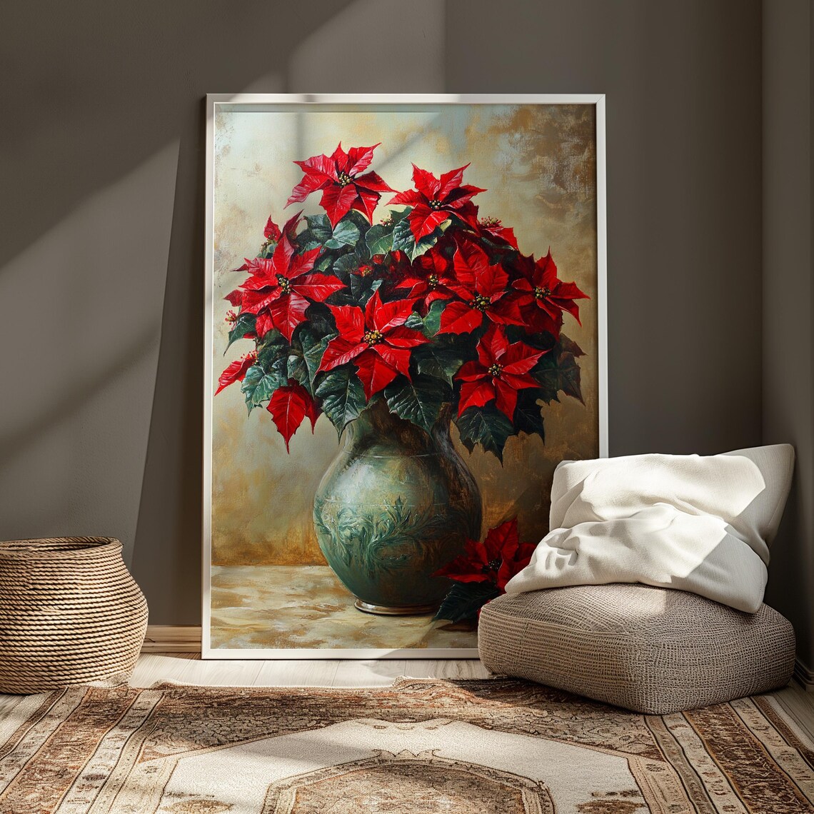 Red Poinsettia Antique Green Glass Vase Christmas Still Life Poster - Image 4
