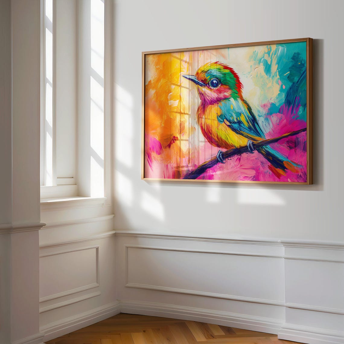 Tiny Rainbow Songbird Pink Orange Abstract Background Poster - Image 3