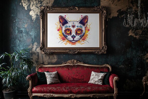 Glowing Sugar Skull Cat Face With Orange Eyes Watercolor Poster