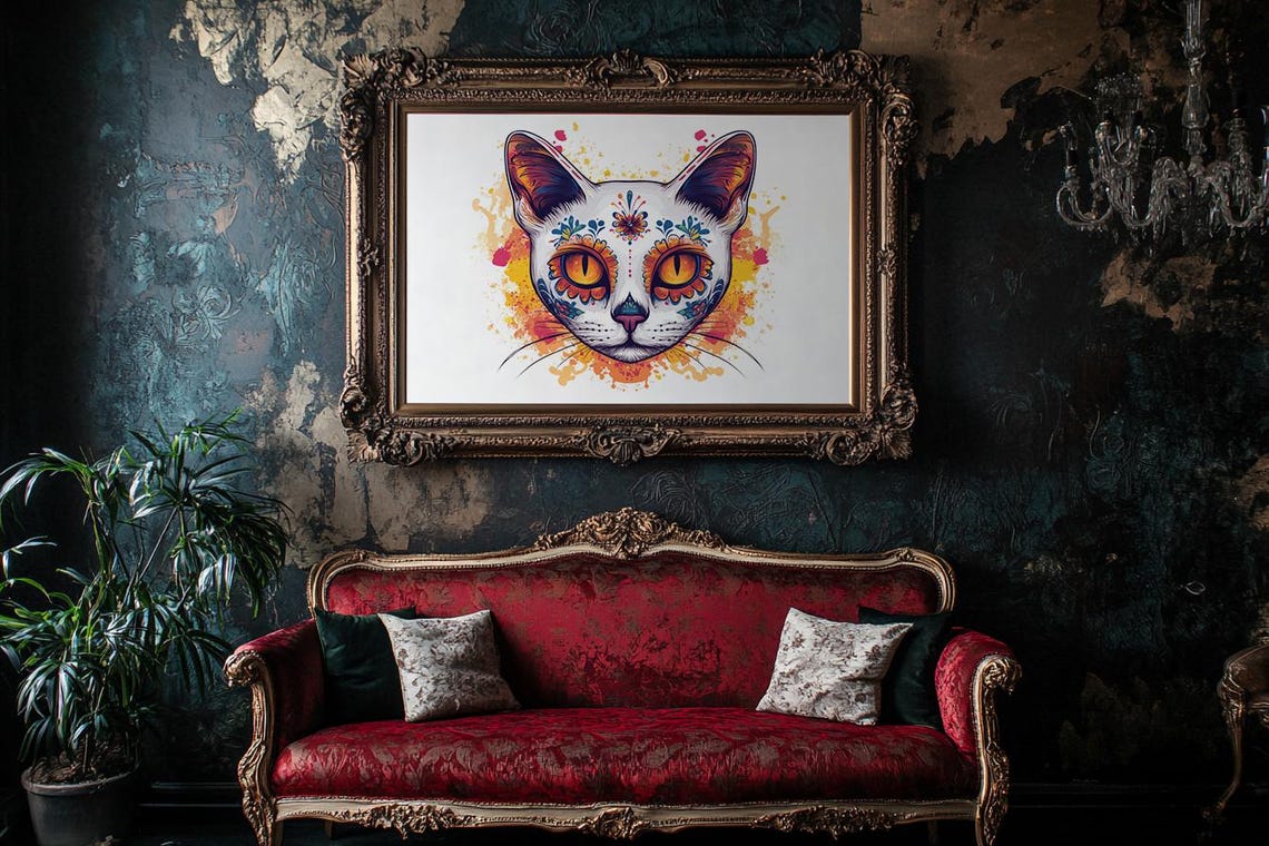 Glowing Sugar Skull Cat Face With Orange Eyes Watercolor Poster