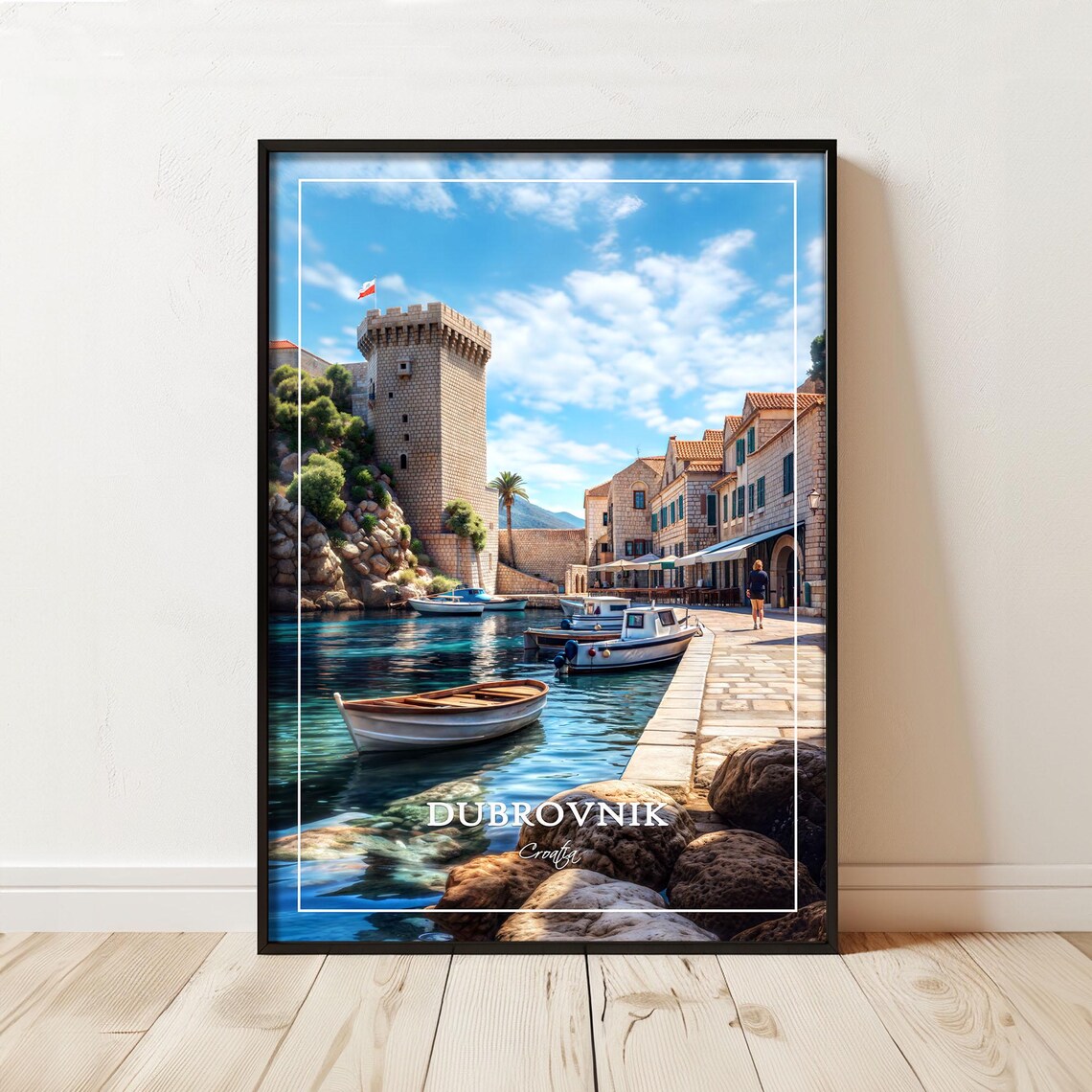 Dubrovnik Croatia Old Town Harbor Coastal Travel Scene Poster