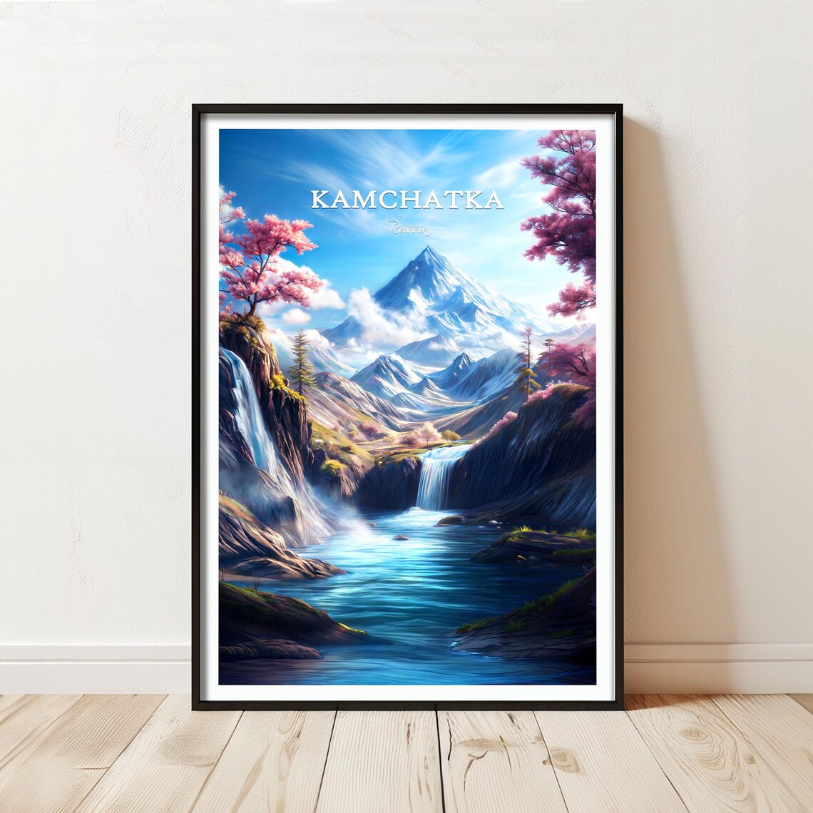 Kamchatka Russia Snowcapped Volcano Waterfall Travel Art Poster