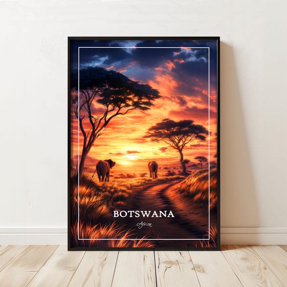 Botswana Sunset Travel Poster Print African Elephants And Acacia Trees Wall Art Decor