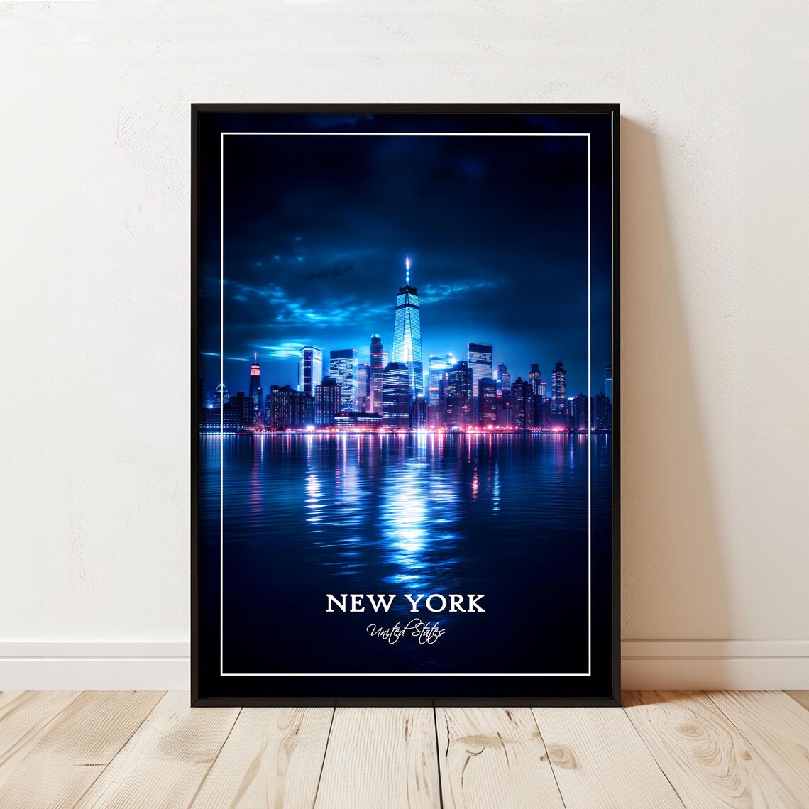 New York Night Skyline Manhattan Reflection Blue City Poster