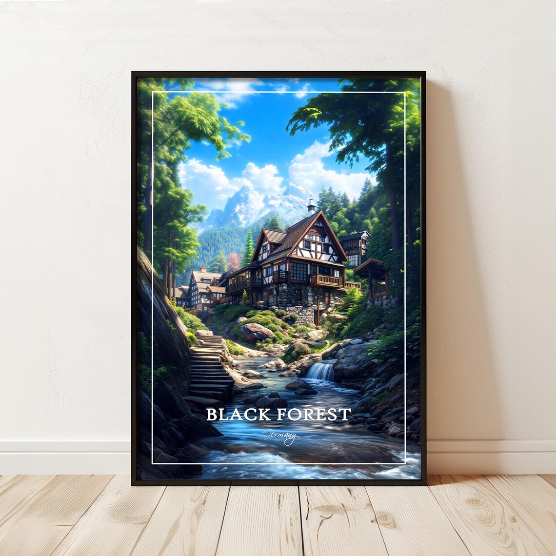 Black Forest Germany Half Timbered House Waterfall Travel Poster