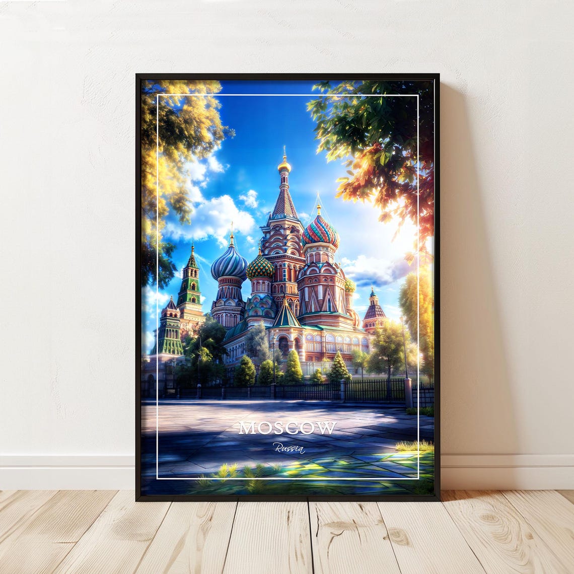 Moscow St Basil Cathedral White Border Plaza Caption Travel Poster