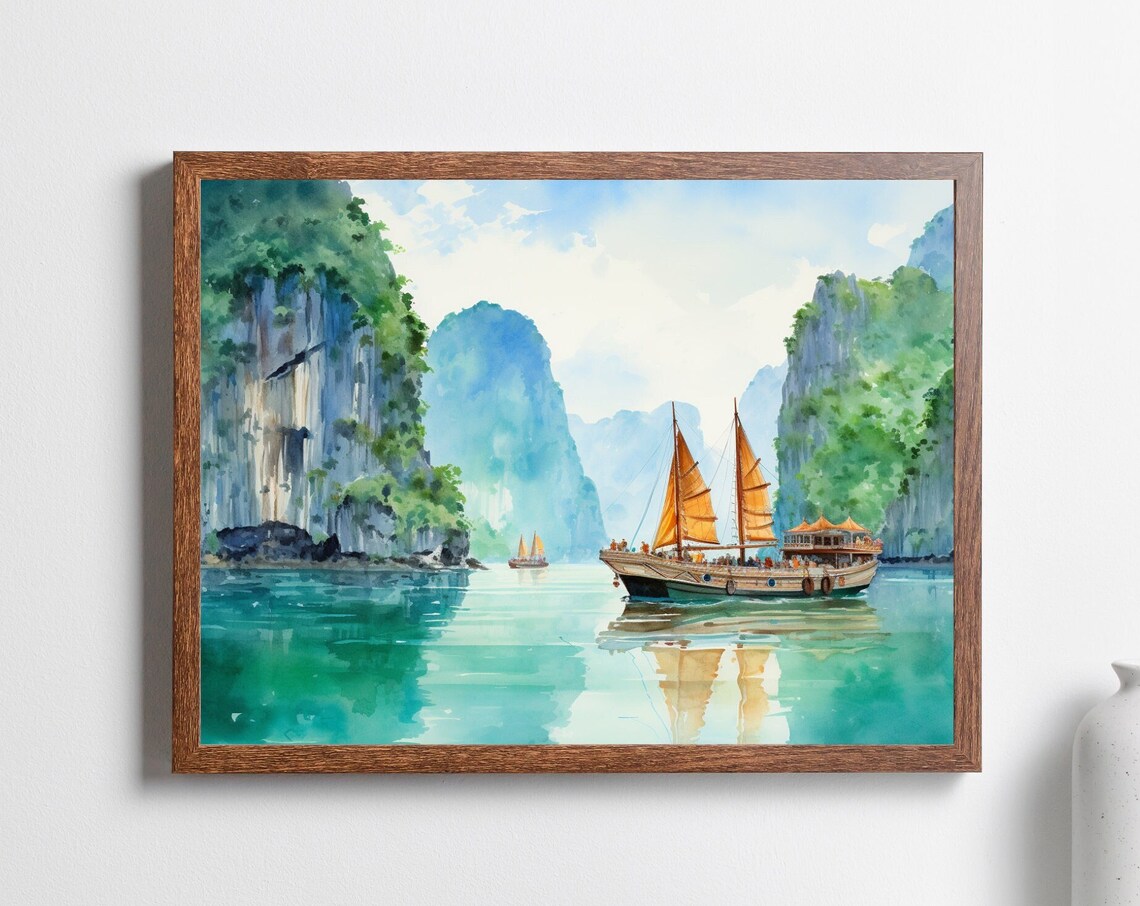 Halong Bay Watercolor Travel Poster, Vietnam