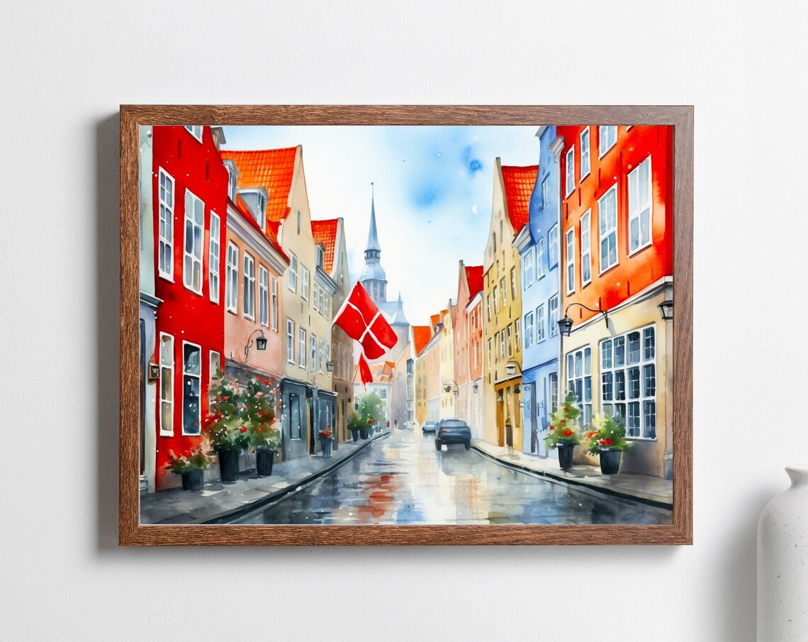Copenhagen Watercolor Travel Poster, Denmark Houses