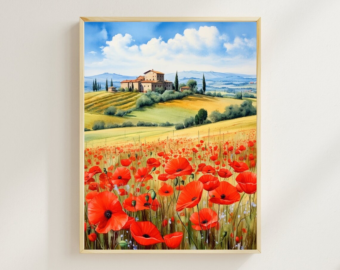 Tuscany Watercolor Print, Red Poppy Field Italy
