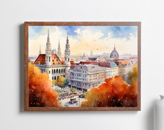 Vienna Watercolor Travel Poster, Autumn Cityscape