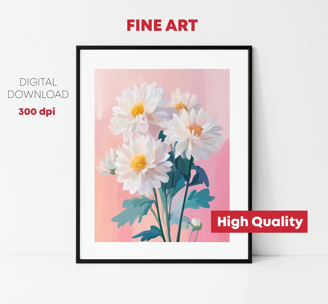 White Daisy Bouquet Yellow Centers Pink Background Floral Art Print - Image 2
