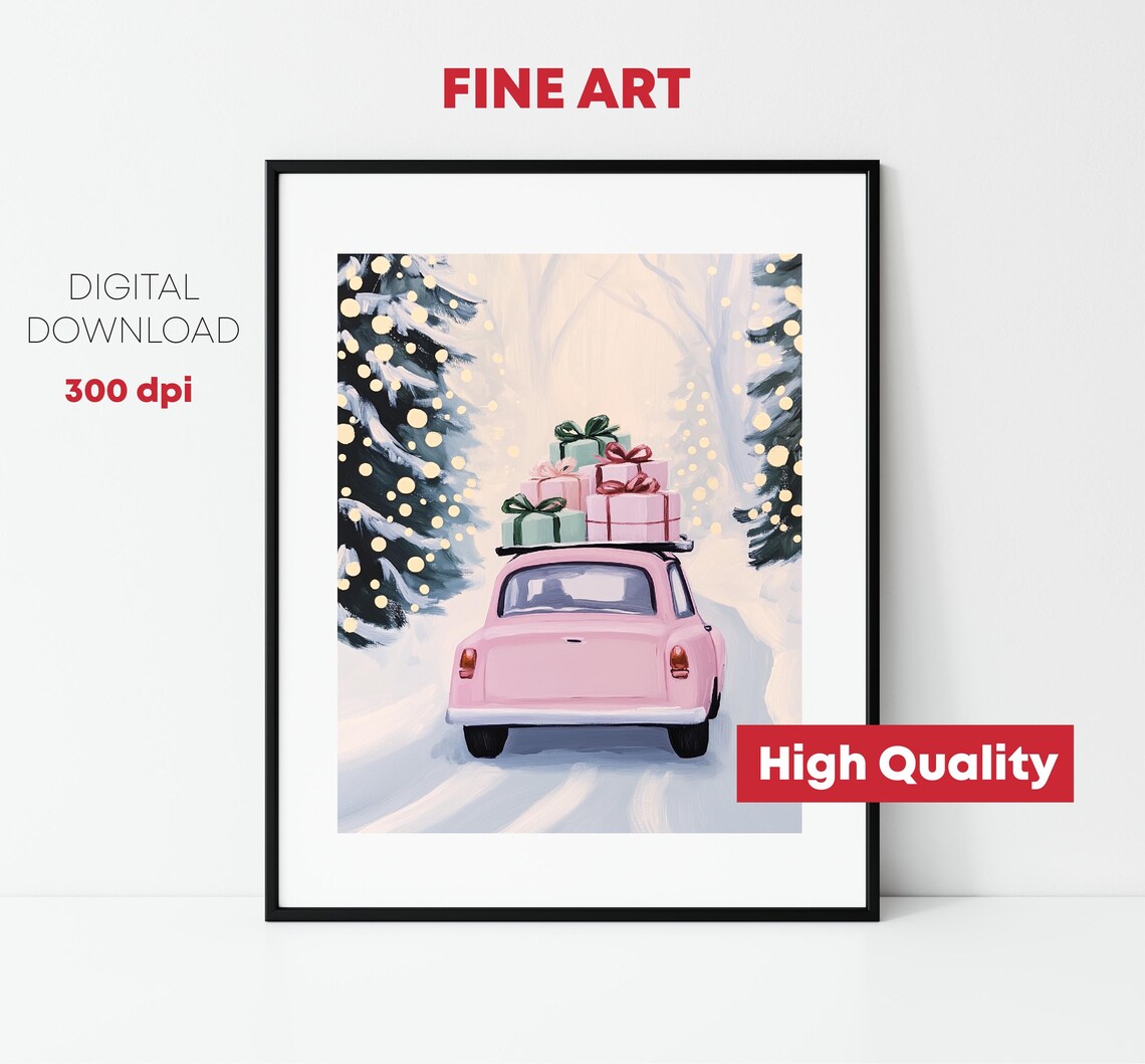Pink Vintage Car Gifts Roof Snowy Forest Christmas Drive Poster - Image 3
