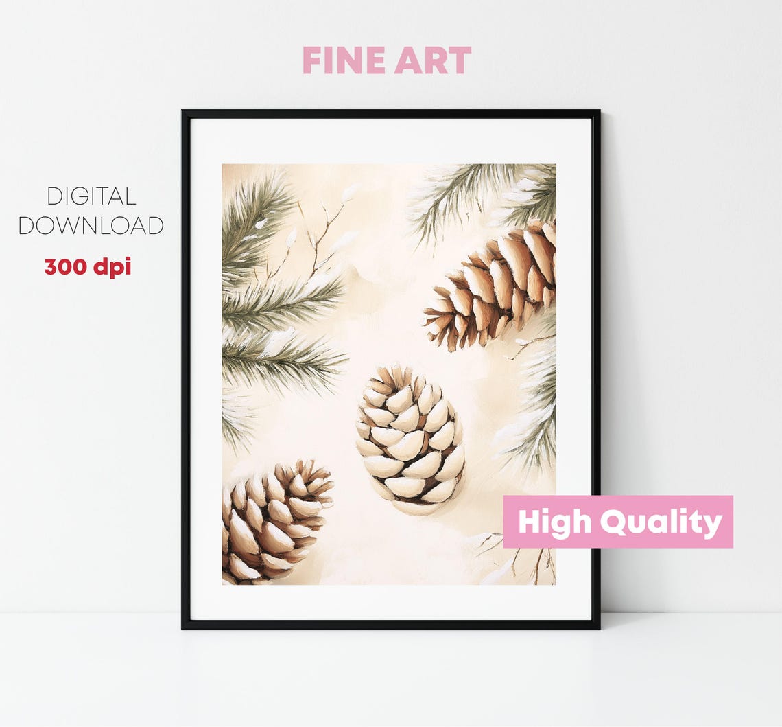 Elegant Pinecones Snowy Branches Neutral Christmas Botanical Print - Image 3