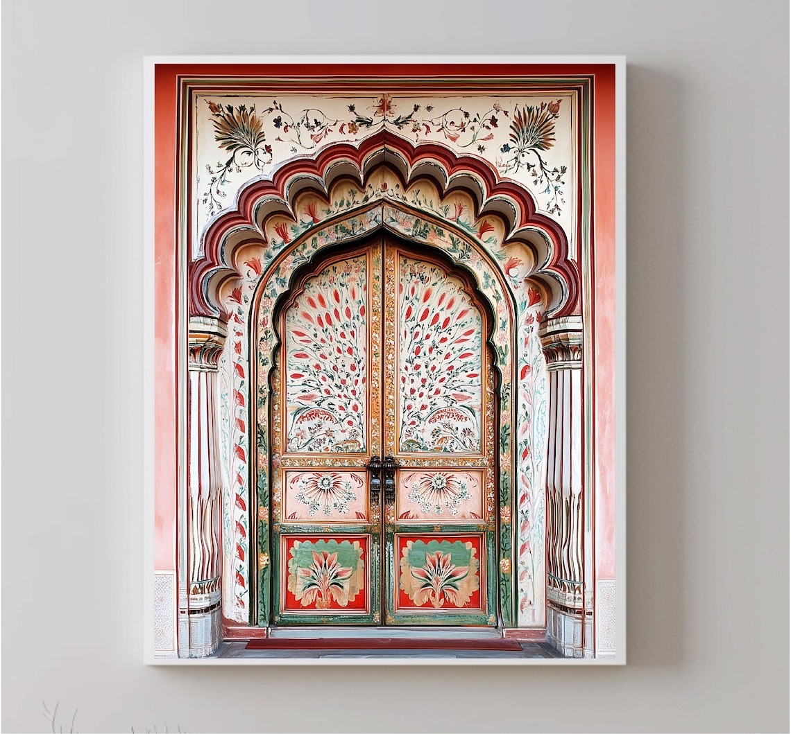 Jaipur India Hand Painted Detailed Ornate Floral Door Travel Poster