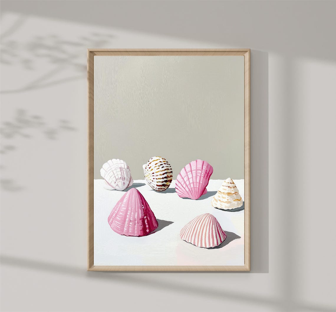 Pink And White Seashells Still Life Minimalist Coastal Beach Print