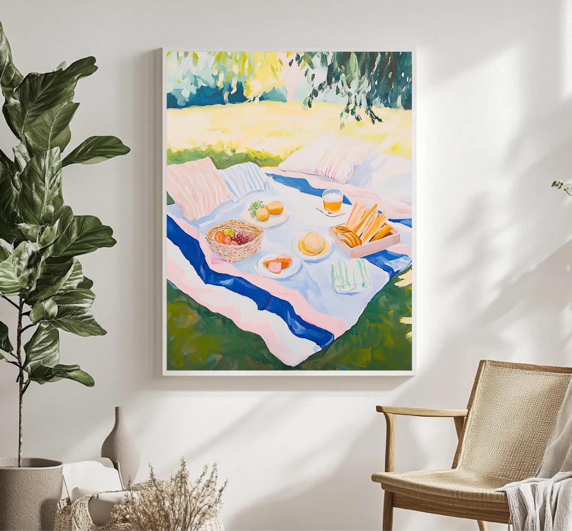 Sunny Summer Picnic Blanket Feast Park Meadow Painting Wall Poster - Image 5