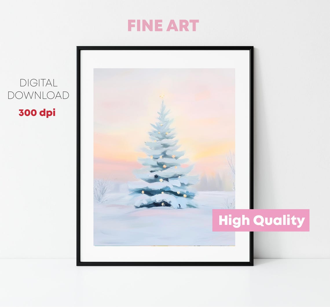 Pink Christmas Tree With Golden Lights In Snow Pastel Art Poster - Image 2