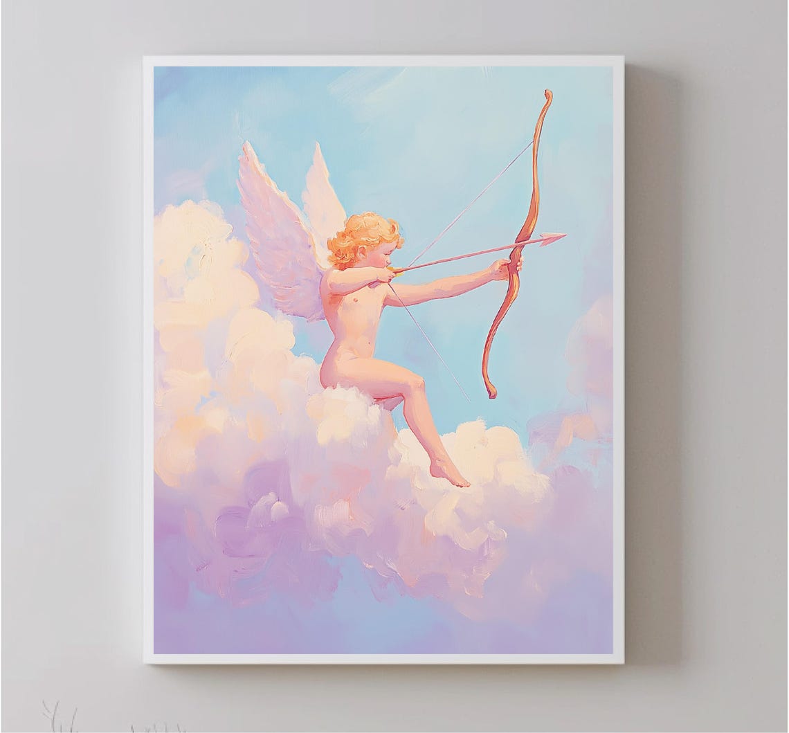 Cupid Drawing Bow On Dreamy Pastel Clouds Romantic Angel Wall Art