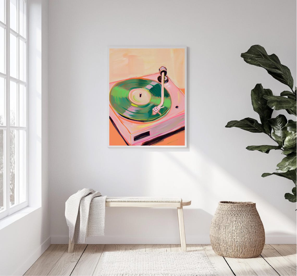 Pink Record Player Green Vinyl Retro Turntable Music Room Art Print - Image 5