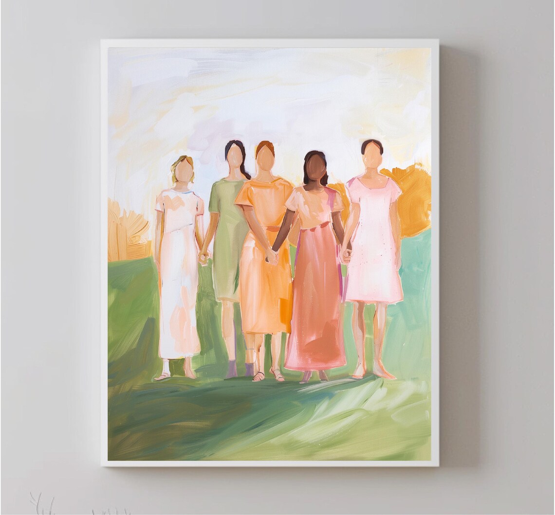 Five Women Friends Holding Hands Pastel Field Painting Art Print - Image 5