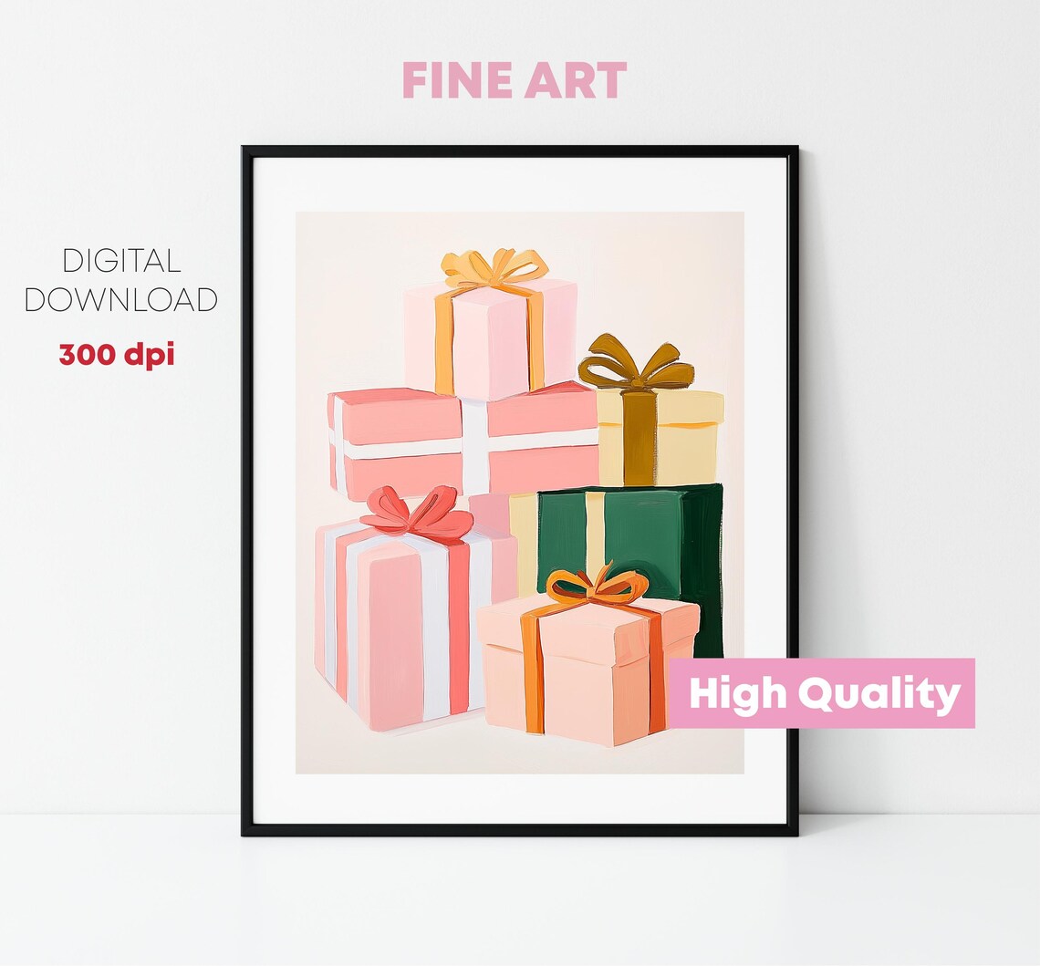 Stacked Pink Christmas Gifts Gold Bows Festive Holiday Decor Poster - Image 2