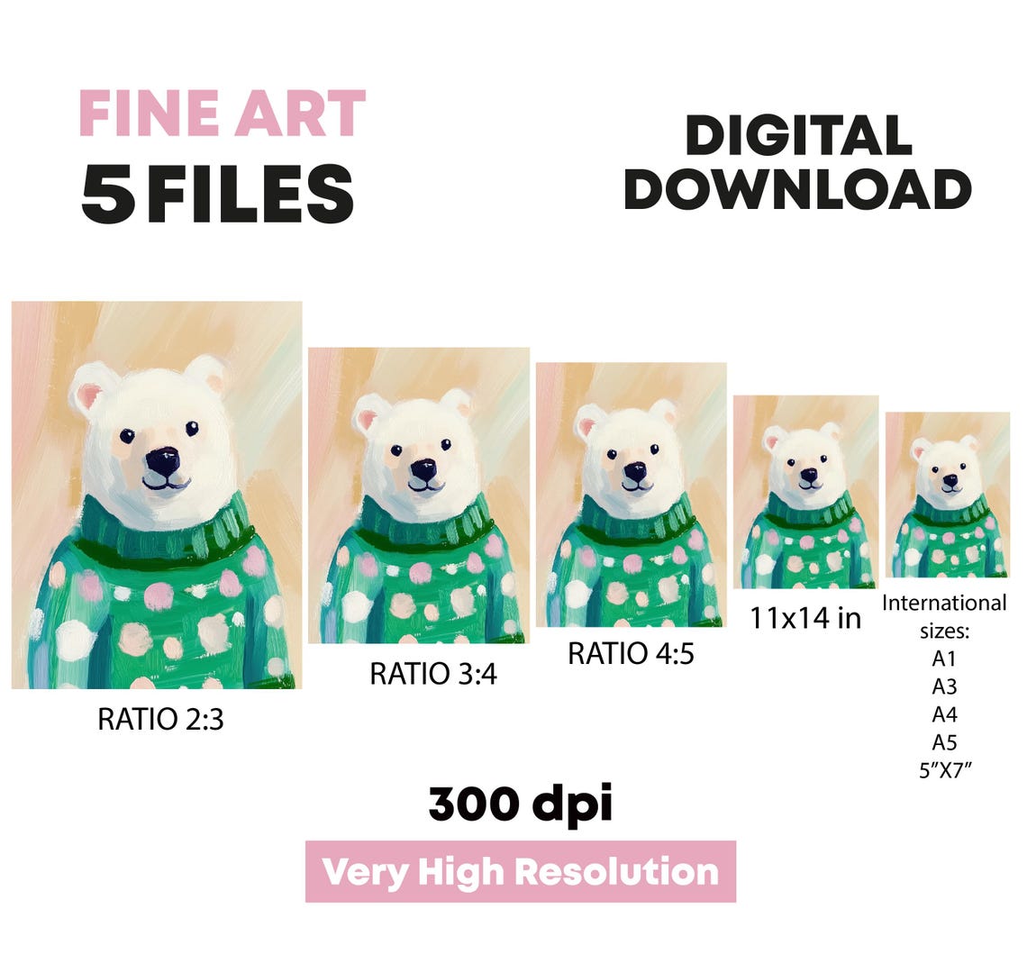 Polar Bear Portrait In Green Polka Dot Sweater Cute Nursery Wall Art - Image 3