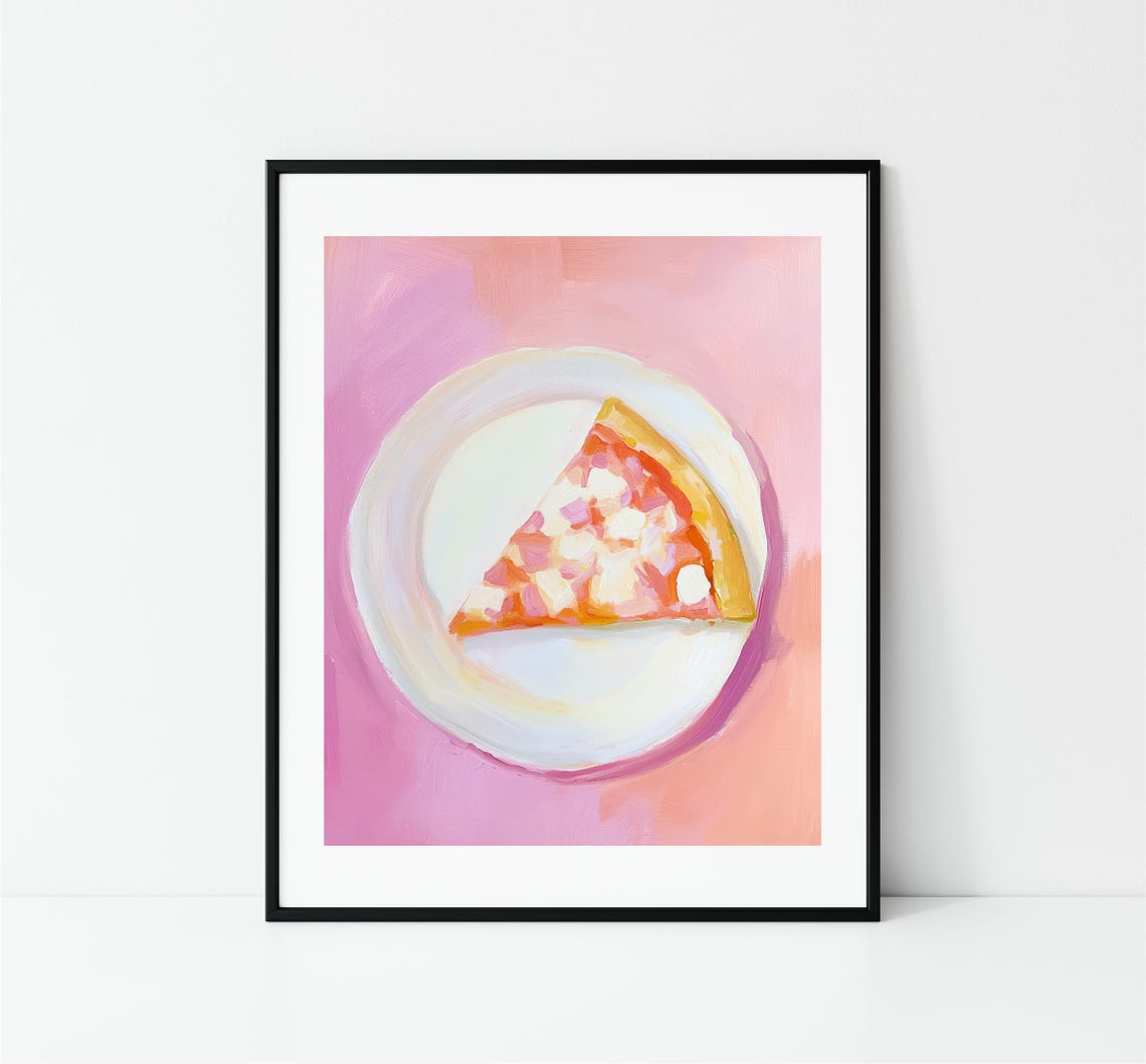 Pizza Slice White Plate Pink Background Playful Food Art Print - Image 3
