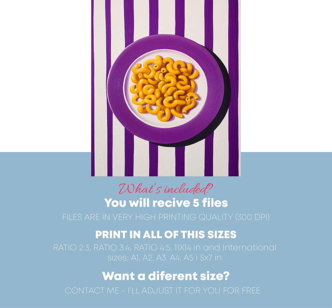 Macaroni Pasta On Purple Plate Bold Striped Kitchen Wall Art Poster - Image 4