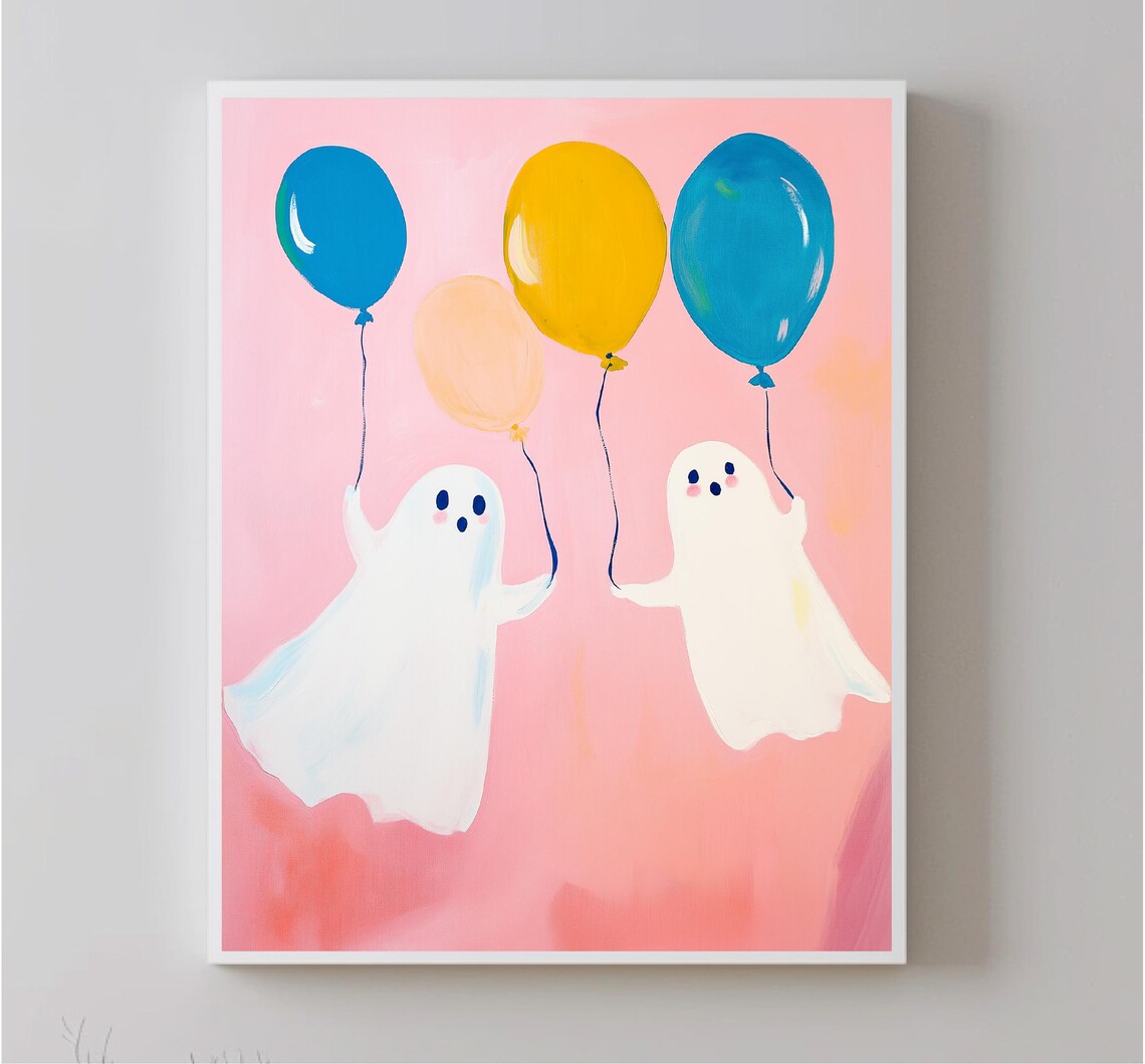 Cute Pink Ghosts Holding Balloons Pastel Halloween Party Wall Art Print - Image 5