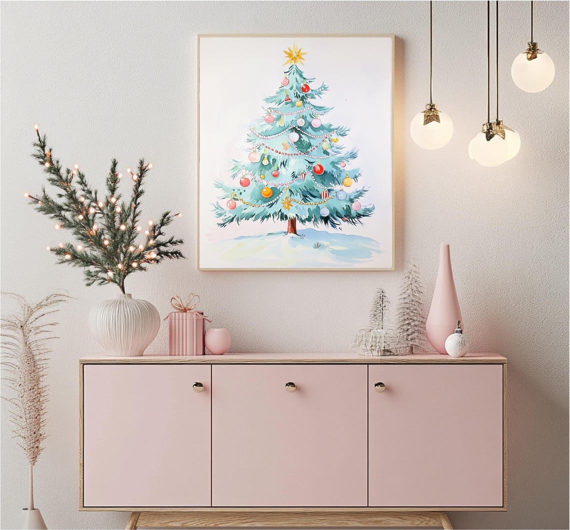 Retro Christmas Tree With Colorful Ornaments Watercolor Art Poster - Image 4