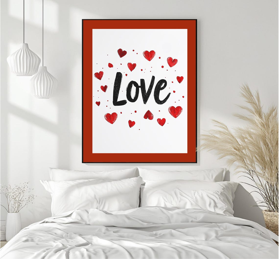 Bold Love Script Typography Red Watercolor Hearts White Poster - Image 3