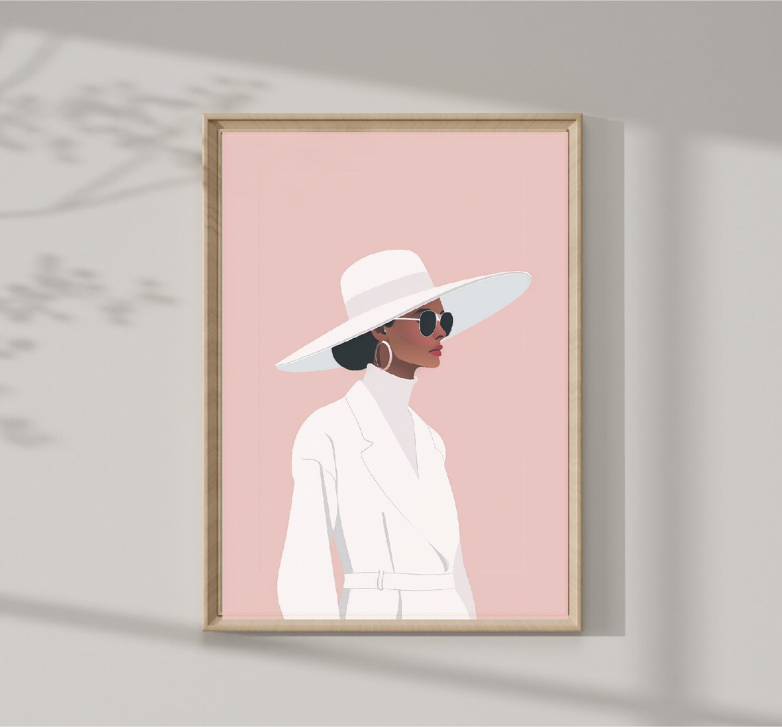 Elegant Woman White Wide Brim Hat Sunglasses Fashion Art Print