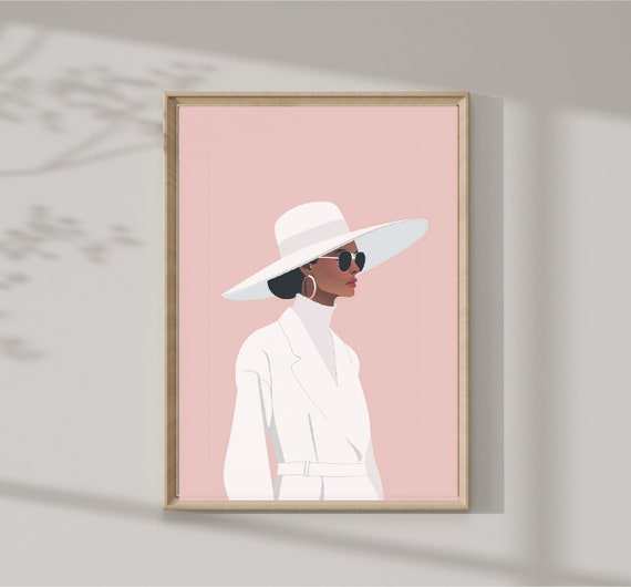 Elegant Fashion Illustration Of Woman In White Hat And Sunglasses Wall Art Minimalist Style Decor For Home Or Office